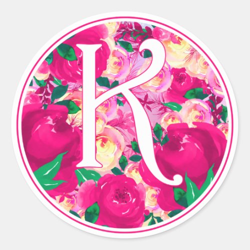 Letter K Pink Watercolor Floral Circle Monogram Classic Round Sticker