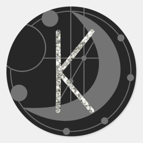 Letter K Rune Runic Monogram Geometric Moon Black Classic Round Sticker