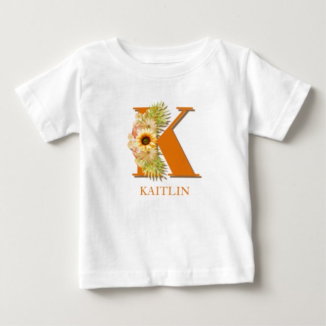 Letter K Sunflower Floral Monogram with Name Baby T-Shirt (Front)