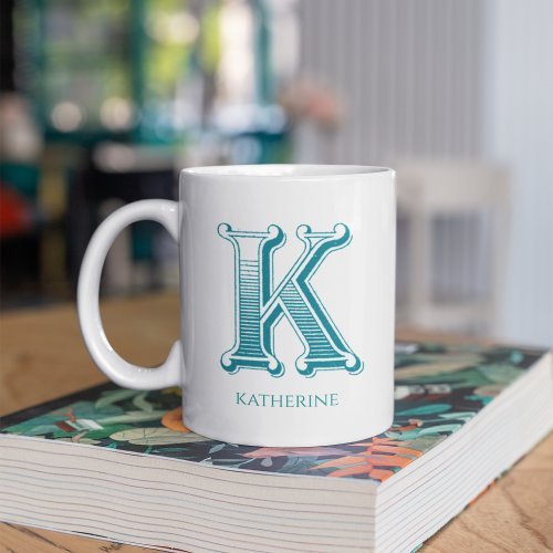 Letter K Teal Monogram Modern Name Coffee Mug