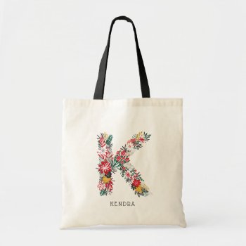Letter K | Whimsical Floral Letter Monogram I Tote Bag by KeikoPrints at Zazzle
