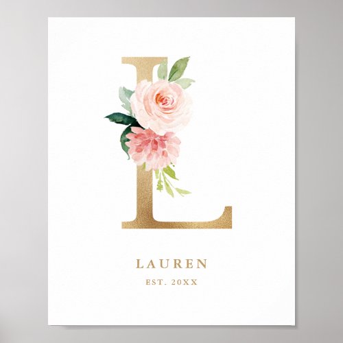 Letter L Blush Floral Monogram Gold Foil Nursery Poster