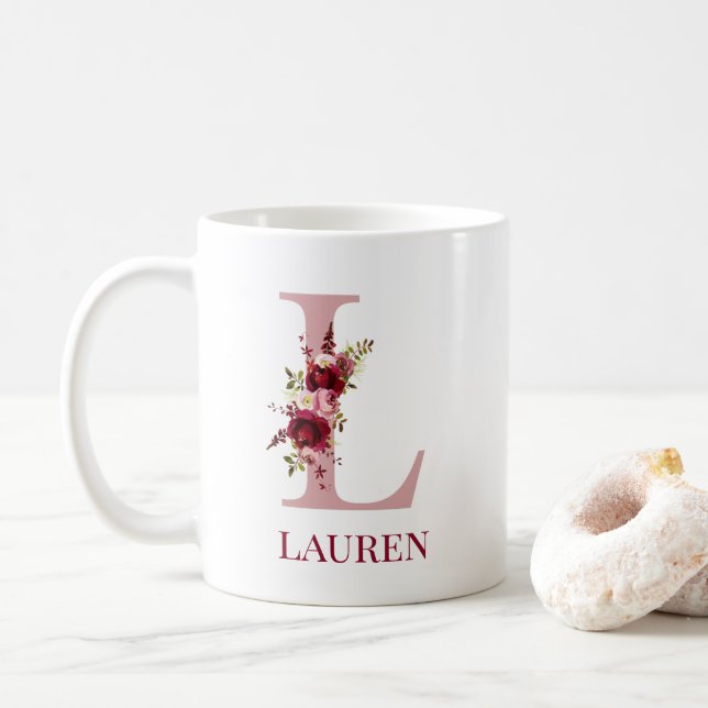 Letter L Burgundy Blush Floral Coffee Mug (With Donut)