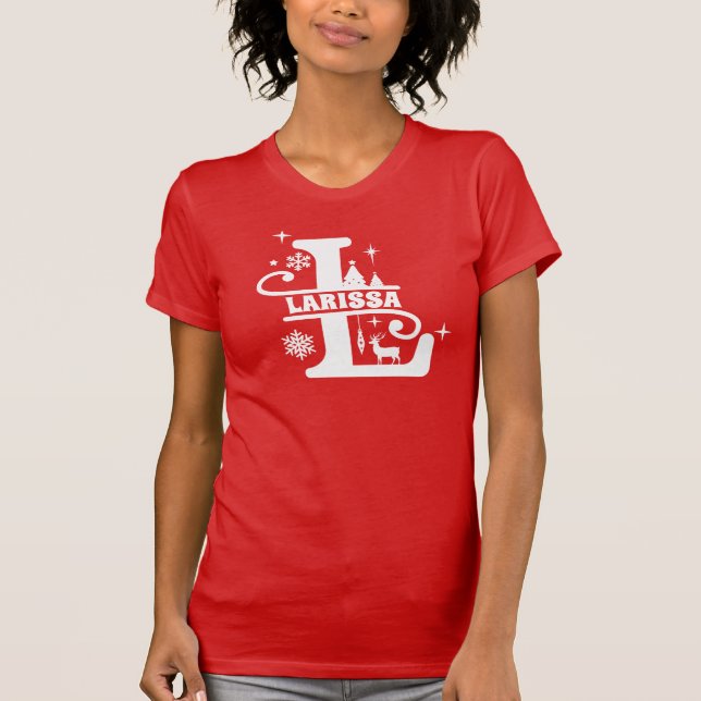 Letter L Christmas Monogram Initial Name Red T-Shirt (Front)