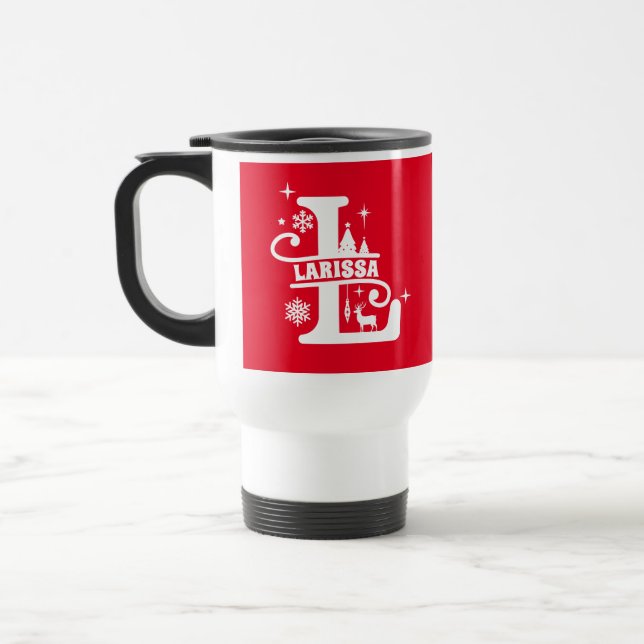 Letter L Christmas Monogram Initial Name Red Travel Mug (Left)