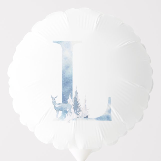 Letter L Dusty Blue Winter Forest Monogram Initial Balloon (Front)