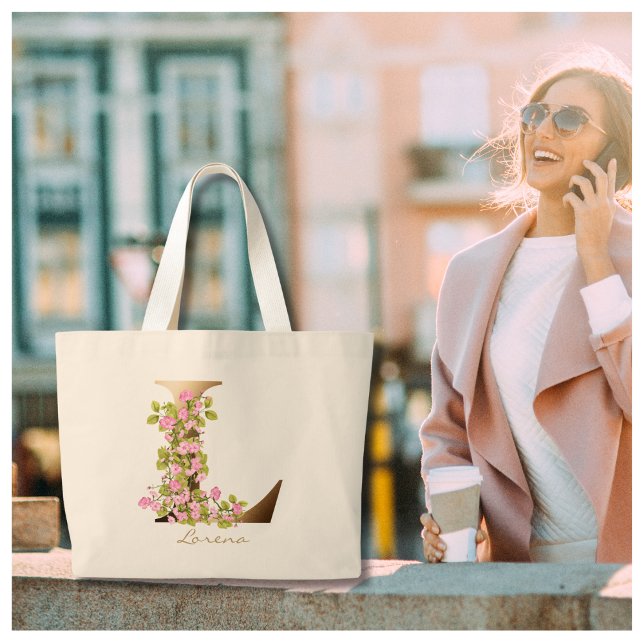 Letter L Elegant Floral Gold Monogram Large Tote Bag (Creator Uploaded)
