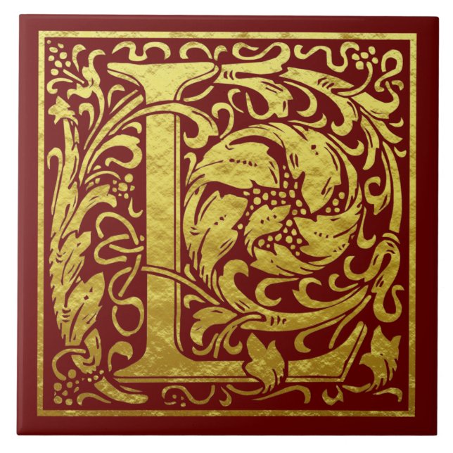 Letter L First Letter Faux Gold Red Ceramic Tile (Front)