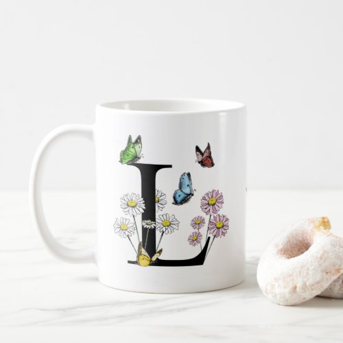 Letter L Floral Butterfly Monogram Initial   Coffee Mug