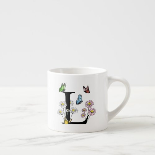 Letter L Floral Butterfly Monogram Initial  Espresso Cup