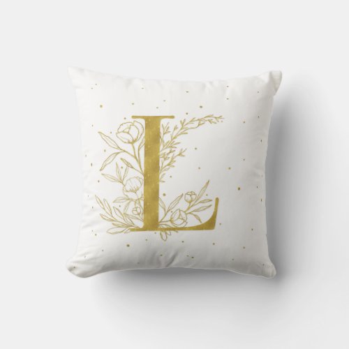 Letter L Gold Monogram Botanical Illustration Throw Pillow