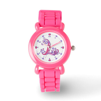 Letter L initial monogram doodle heart girls watch