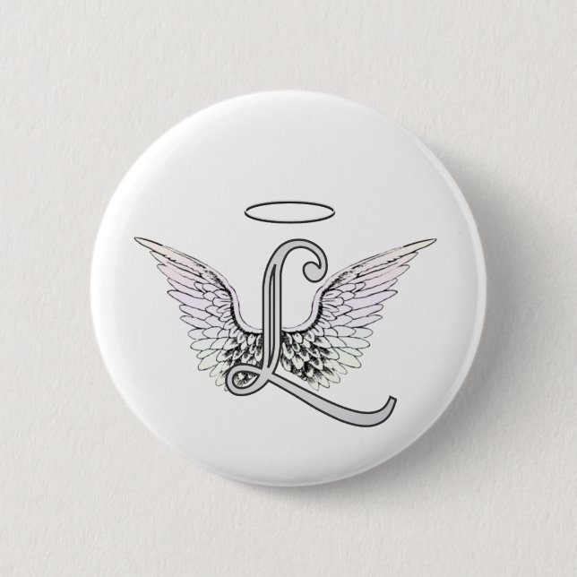 Letter L Initial Monogram with Angel Wings & Halo Pinback Button (Front)