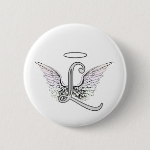 Letter L Initial Monogram with Angel Wings & Halo Pinback Button