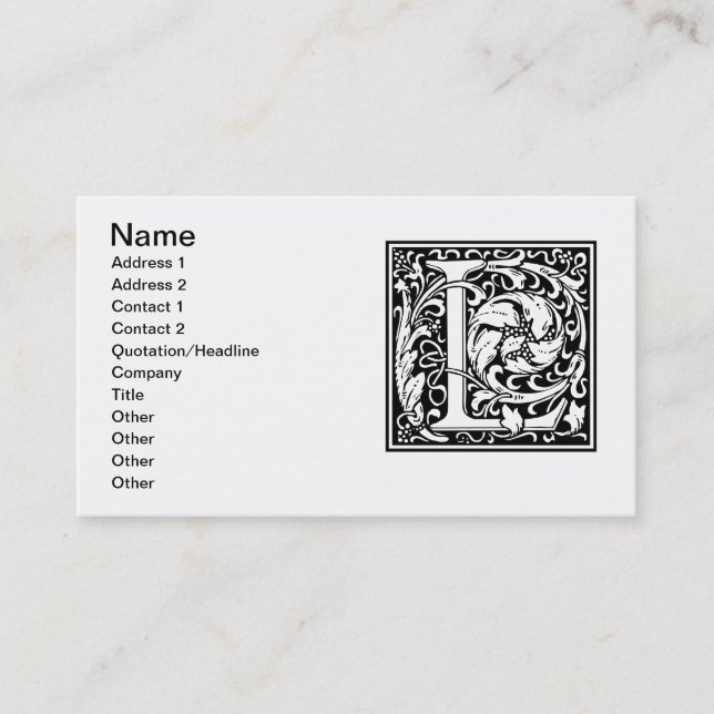 Letter L Medieval Monogram Art Nouveau Business Card (Front)