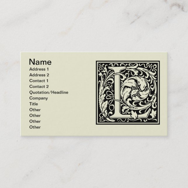 Letter L Medieval Monogram Art Nouveau Business Card (Front)