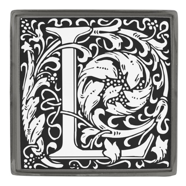 Letter L Medieval Monogram Art Nouveau Gunmetal Finish Lapel Pin (Front)