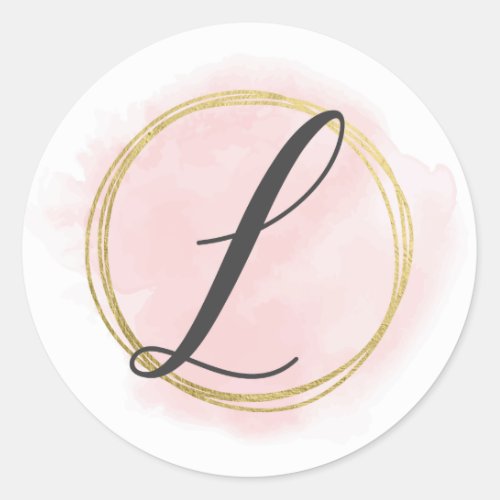 Letter L Monogram Blush Pink Watercolor Gold Chic Classic Round Sticker
