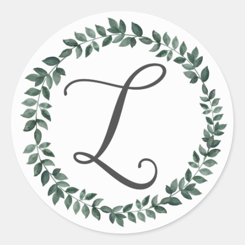 Letter L Monogram Minimalist Botanical Leaf Wreath Classic Round Sticker