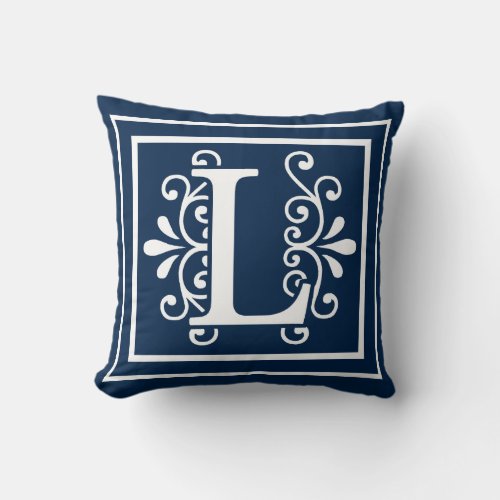 Letter L Monogram Navy Blue White Throw Pillow