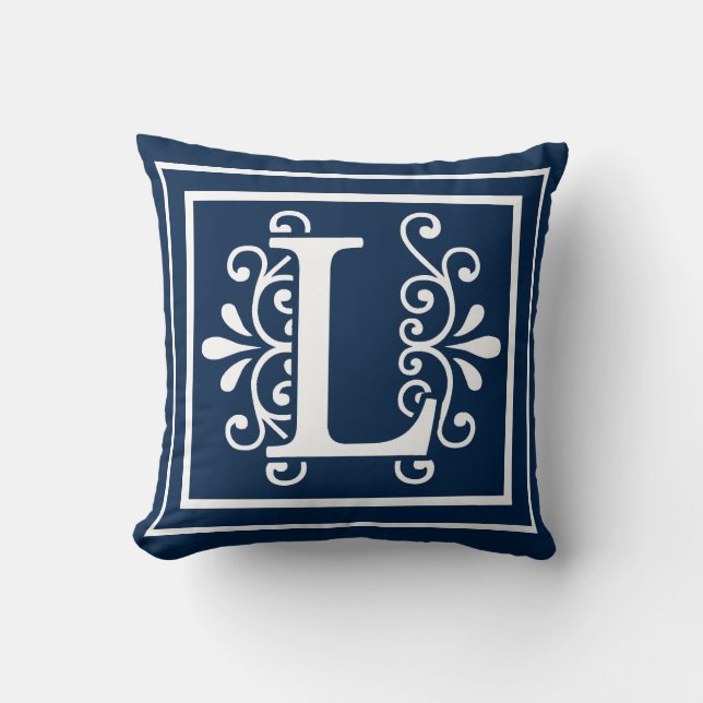 Letter L Monogram Navy Blue White Throw Pillow (Front)