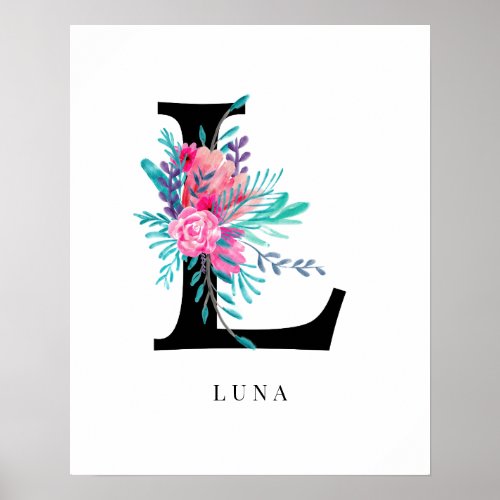 Letter L monogram pink floral watercolor nursery Poster