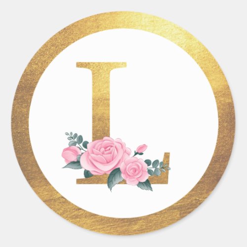 Letter L Monogram Pink Roses Floral  Elegant Gold Classic Round Sticker