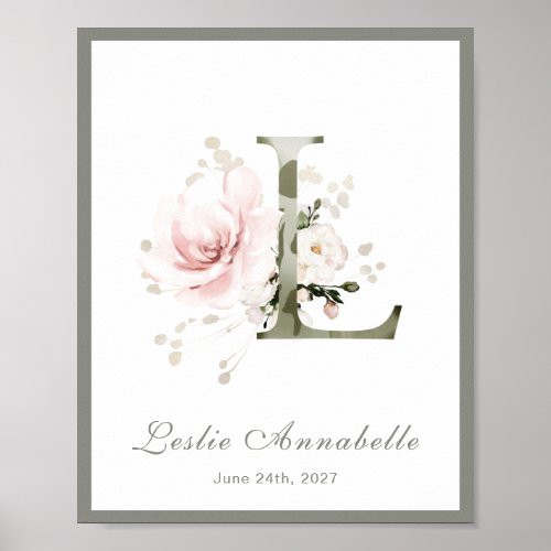 Letter L Monogram Pink White Floral Nursery Poster