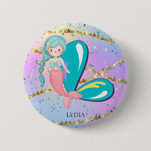 Letter L Monogram Watercolor Cute Mermaid Nursery Button