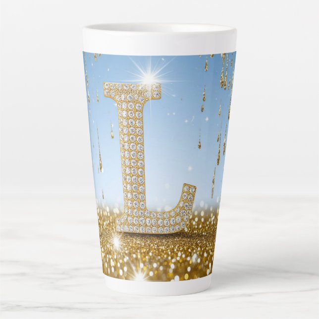 Letter L on Gold Glitter Background With Sparkling Latte Mug (Front)