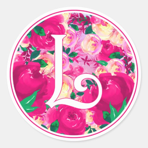 Letter L Pink Watercolor Floral Circle Monogram Classic Round Sticker