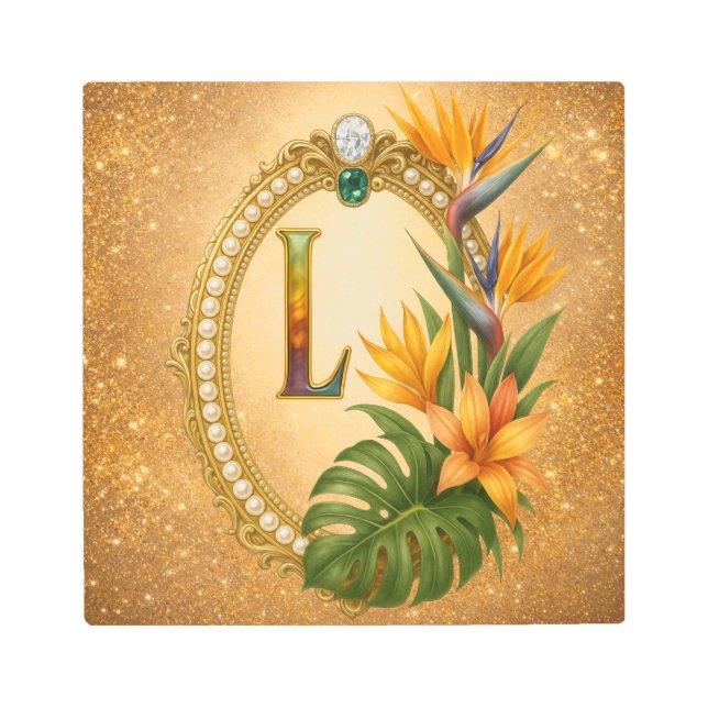 Letter L Tropical Monogram Gold Metal Wall Art (Front)