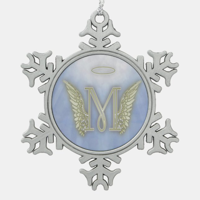 Letter M Angel Monogram Snowflake Pewter Christmas Ornament (Front)