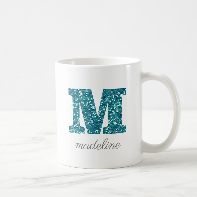 Letter M Aqua Blue Glitter Personalized Mug (Right)