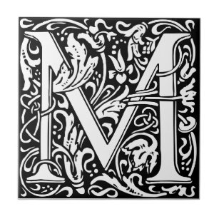 Letter M art nouveau black and white Tile