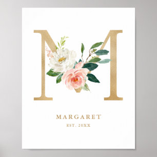 Letter M Blush Floral Monogram Gold Foil Nursery Poster
