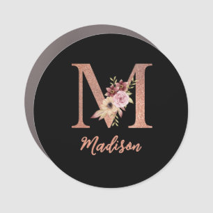 Letter M Blush pink Glitter Floral Monogram Car Magnet