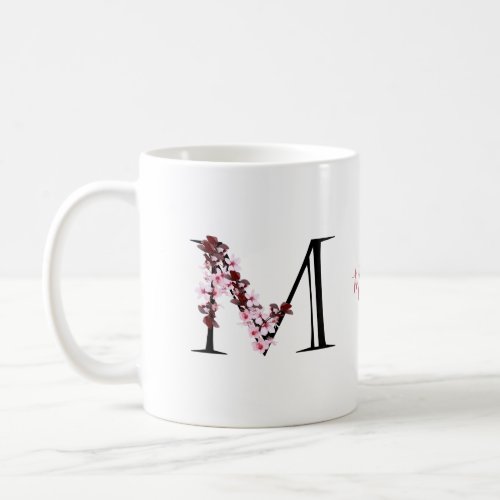 Letter M Cherry Blossom  Monogram Script Name Coffee Mug
