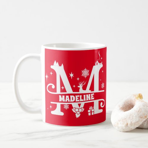 Letter M Christmas Monogram Initial Name Red   Coffee Mug