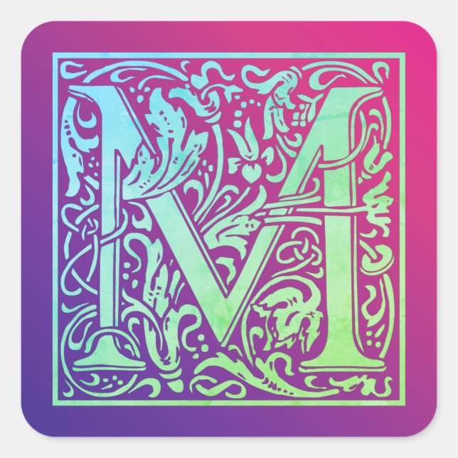 Letter M Colorful Vintage First Letter Gradient Square Sticker (Front)
