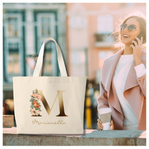 Letter M Elegant Floral Gold Monogram Large Tote Bag