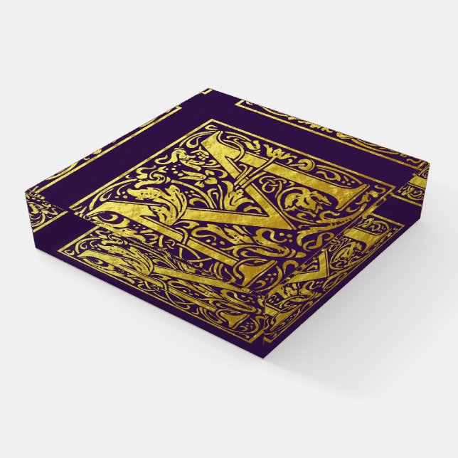 Letter M First Letter Faux Gold and Grape Purple Paperweight (Angled)