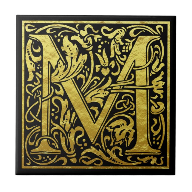 Letter M First Letter Faux Gold Black Ceramic Tile (Front)