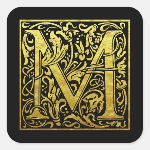 Letter M First Letter Faux Gold Black Square Sticker