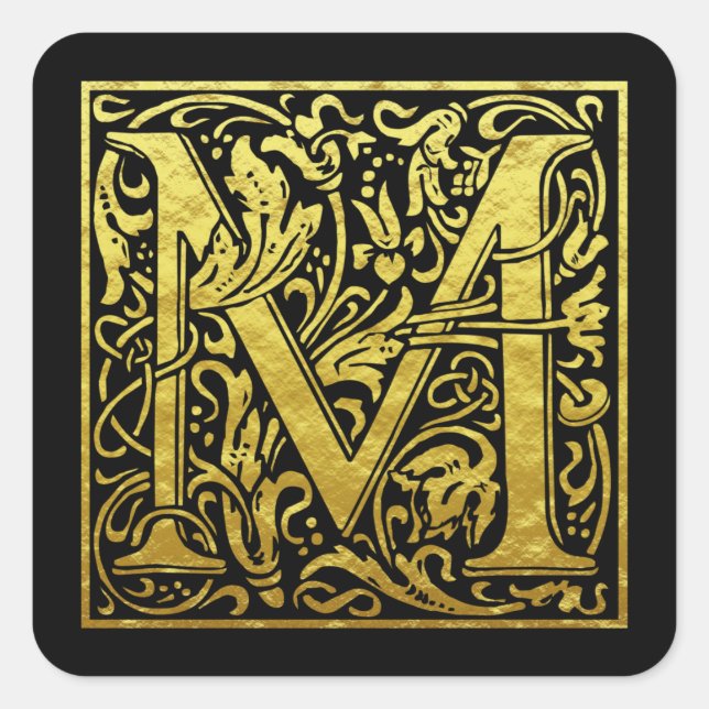 Letter M First Letter Faux Gold Black Square Sticker (Front)