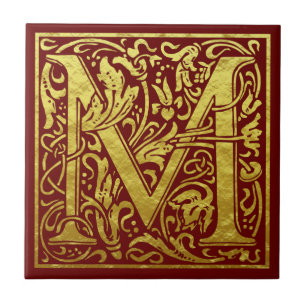 Letter M First Letter Faux Gold Red Ceramic Tile
