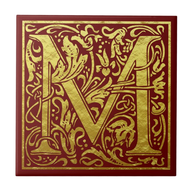 Letter M First Letter Faux Gold Red Ceramic Tile (Front)
