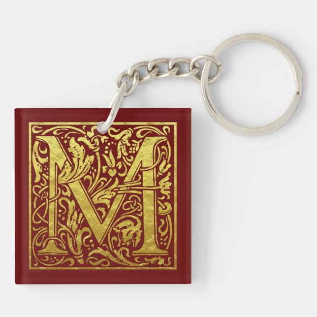 Letter M First Letter Faux Gold Red Keychain (Back)