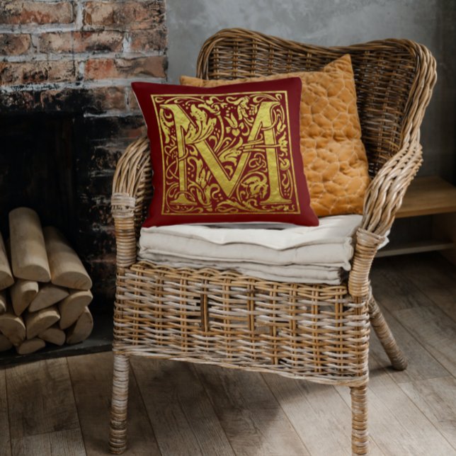 Letter M First Letter Faux Gold Red Throw Pillow (Creator Uploaded)