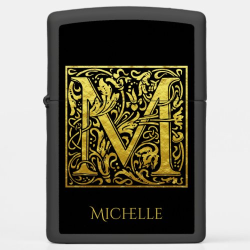 Letter M First Letter Gold on Black Zippo Lighter